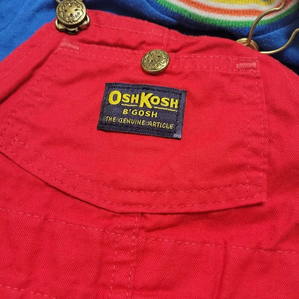 Vintage OshKosh B'Gosh Red Shortalls & Rainbow Ringer Shirt Set